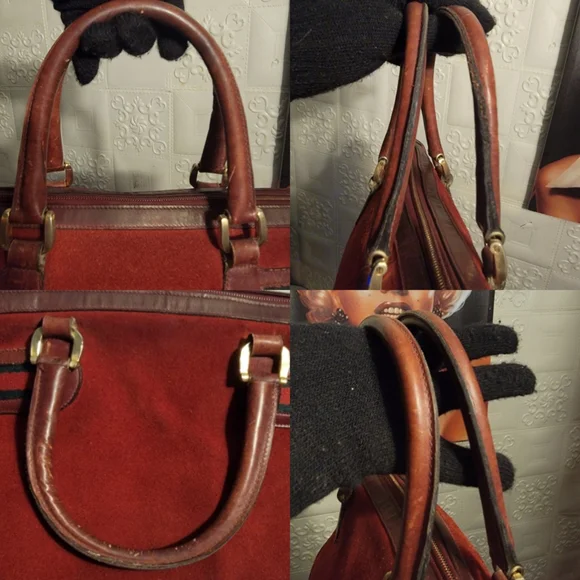 Gucci Burgundy Suede Leather Vintage Sherry Web Satchel Handbag  Authentic - Picture 10 of 16